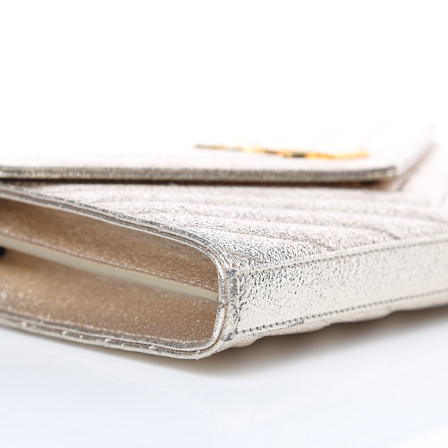 Metallic Crackled Calfskin Matelasse Chevron Monogram Chain Wallet Gold