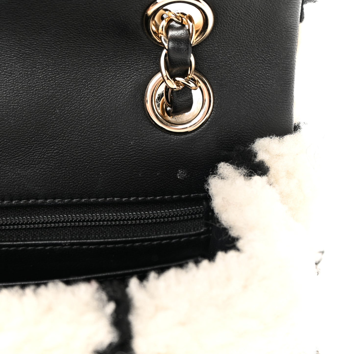 Shearling Lambskin Large Fluffy Tartan Single Flap White Black