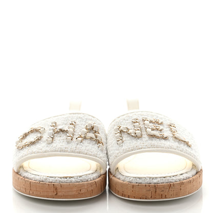 Chanel Tweed Cork CC Chain Mule Sandal 38 White 2 of 8