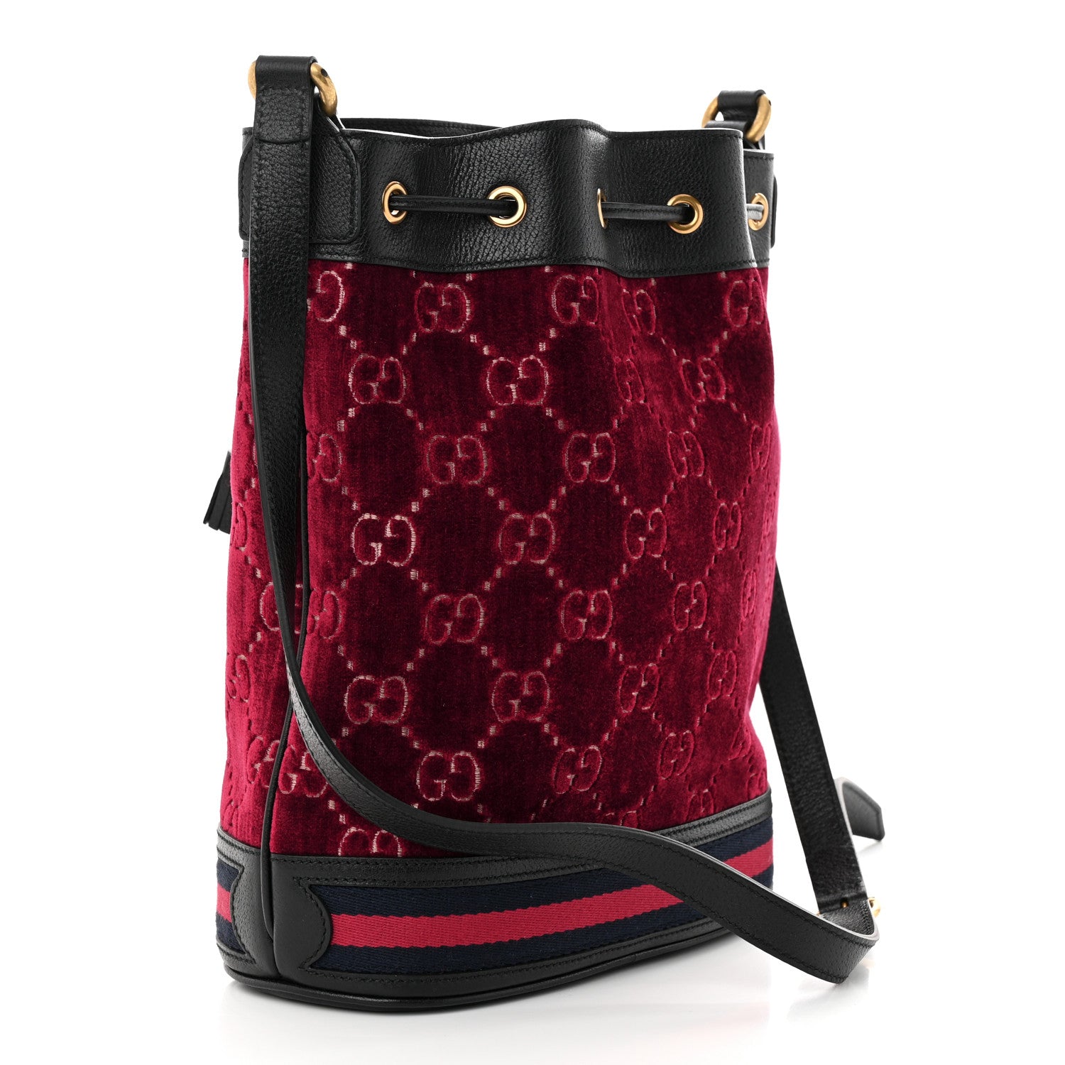 Gucci Velvet GG Monogram Textured Calfskin Web Bucket Bag Red Cipria Black 3 of 11