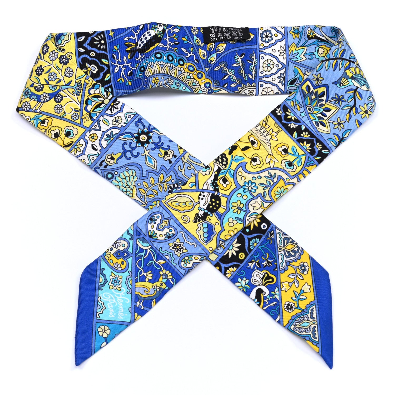 Hermes Silk Au Pays Des Oiseaux Fleurs Twilly Bleu Dur Jaune Vif Turquosie 2 of 8