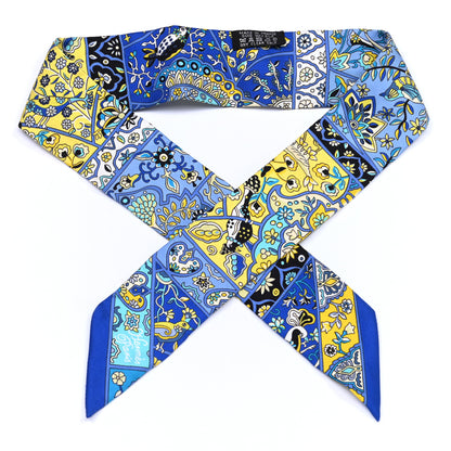 Hermes Silk Au Pays Des Oiseaux Fleurs Twilly Bleu Dur Jaune Vif Turquosie 2 of 8