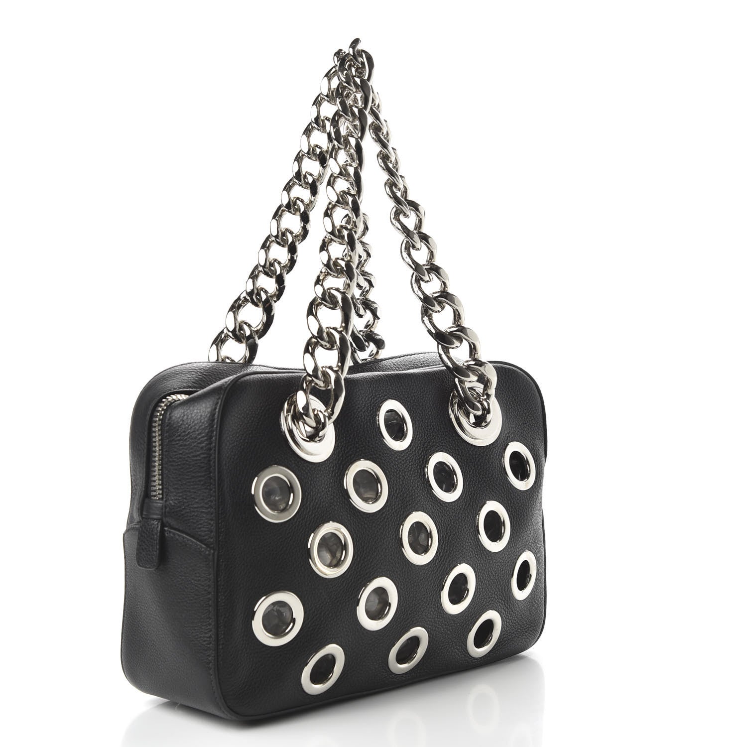 Prada Vitello Daino Grommet Chain Satchel Bag Black 4 of 10