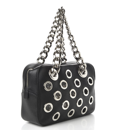 Prada Vitello Daino Grommet Chain Satchel Bag Black 4 of 10