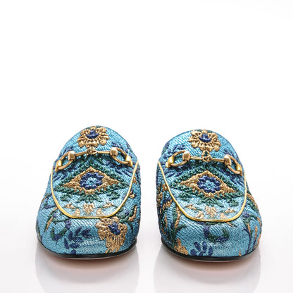 Gucci Iridescent Brocade Womens Princetown Slippers 36.5 Azure Multicolor Oro 2 of 8