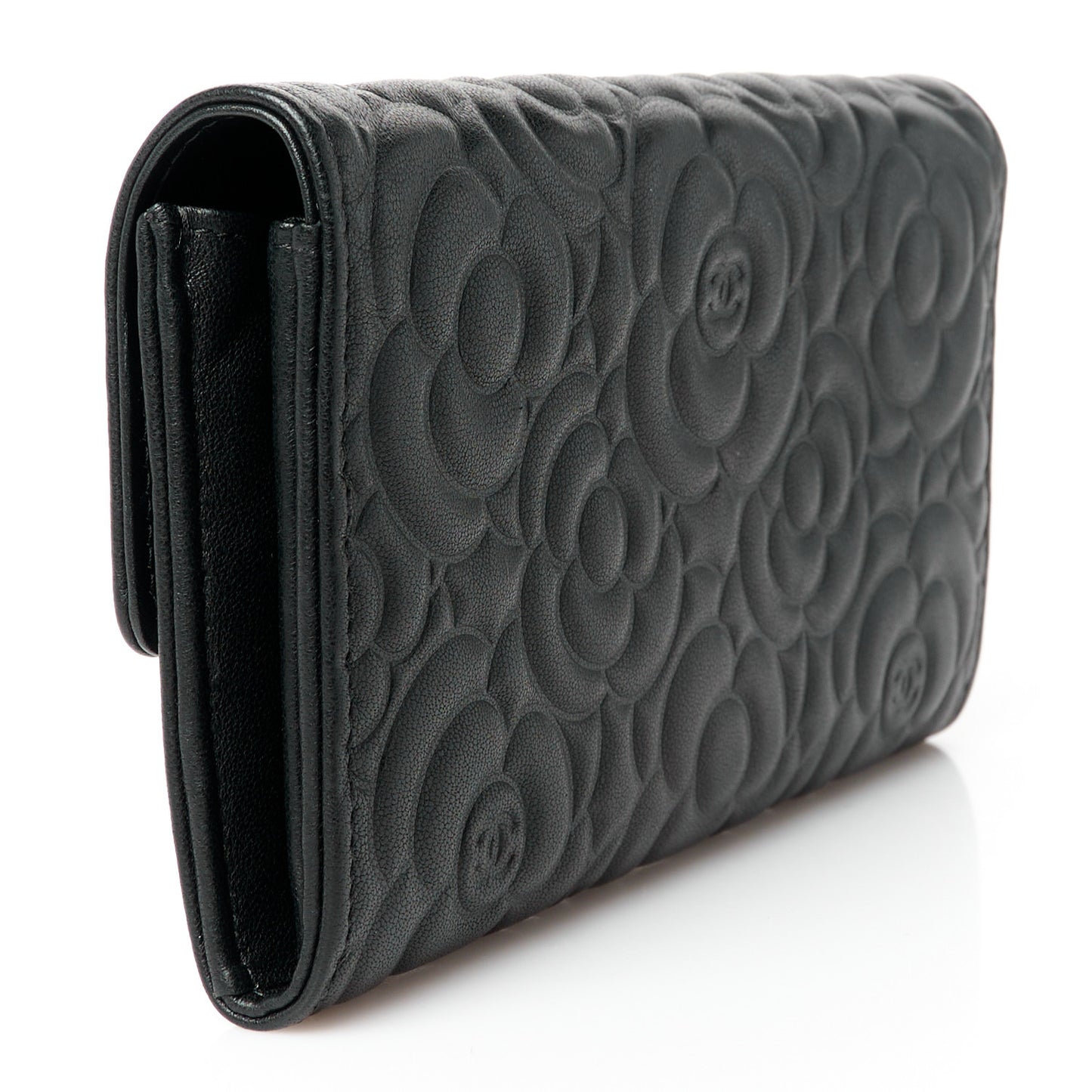 Lambskin Embossed Camellia Large Gusset Flap Wallet Black