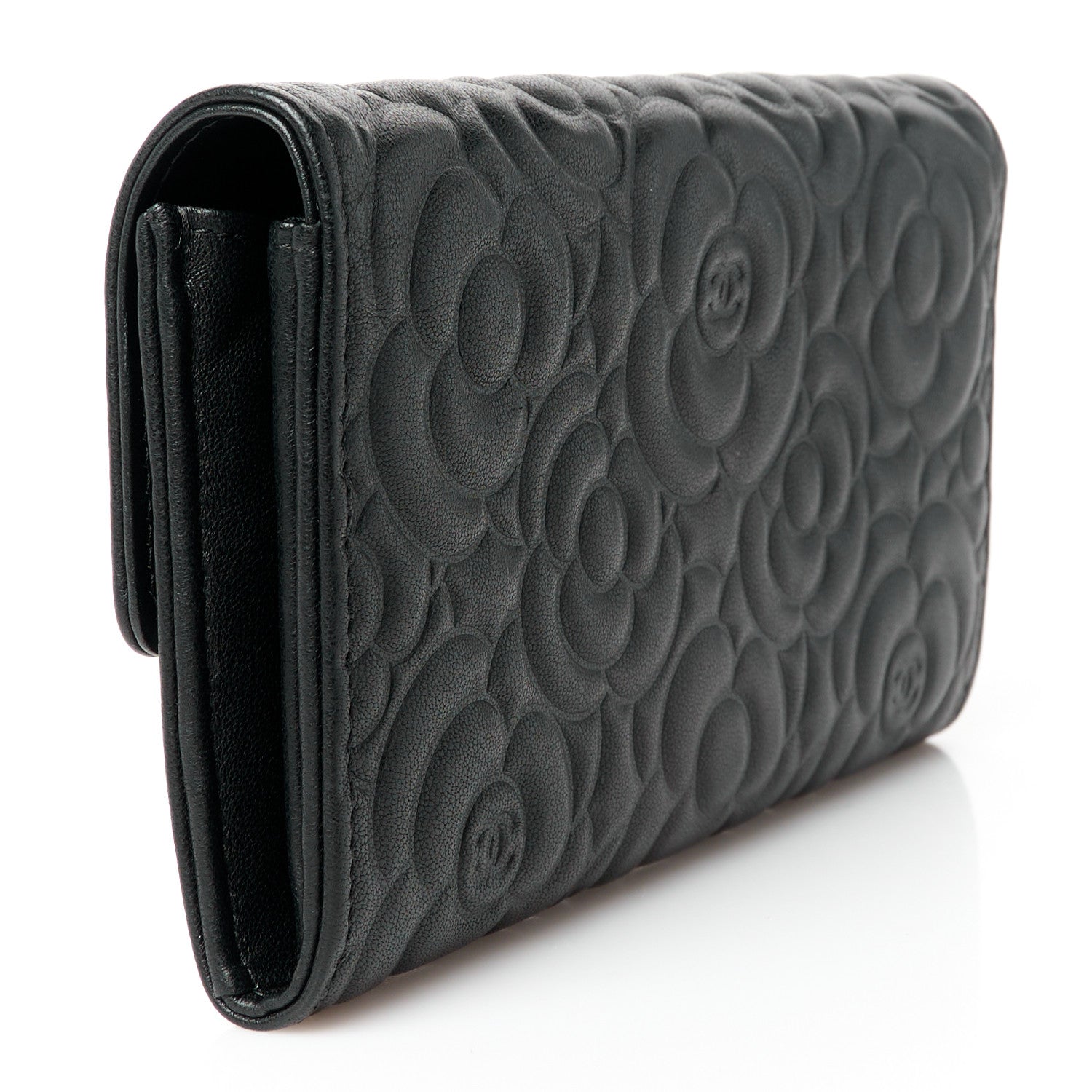 Chanel Lambskin Embossed Camellia Large Gusset Flap Wallet Black 3 of 12