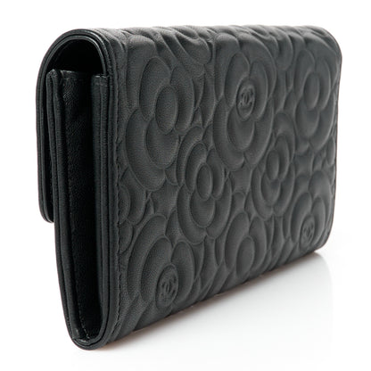 Chanel Lambskin Embossed Camellia Large Gusset Flap Wallet Black 3 of 12