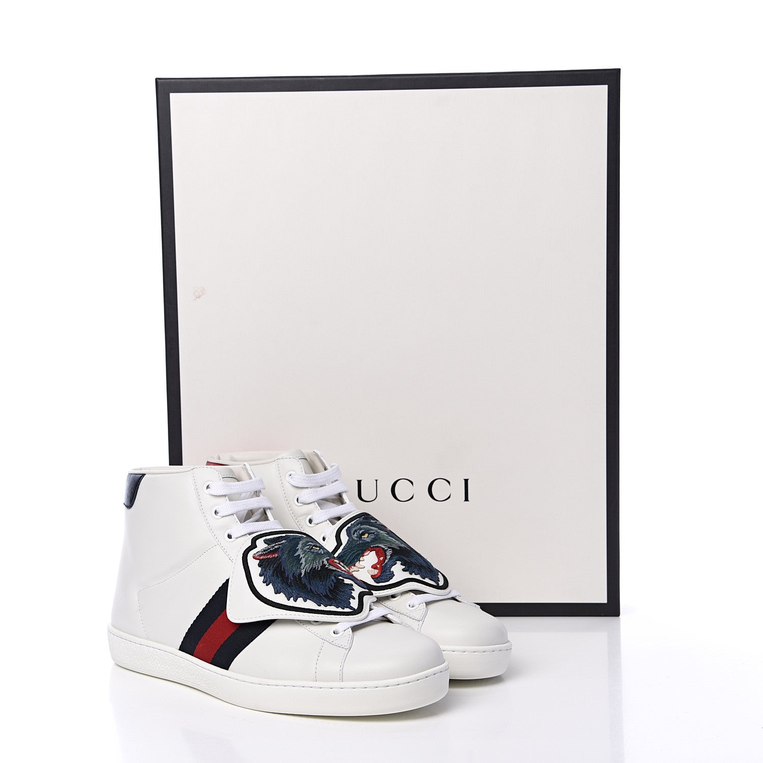Gucci Calfskin Web Wolf Removable Patches Mens Ace High Top Sneakers 8.5 White 8 of 8