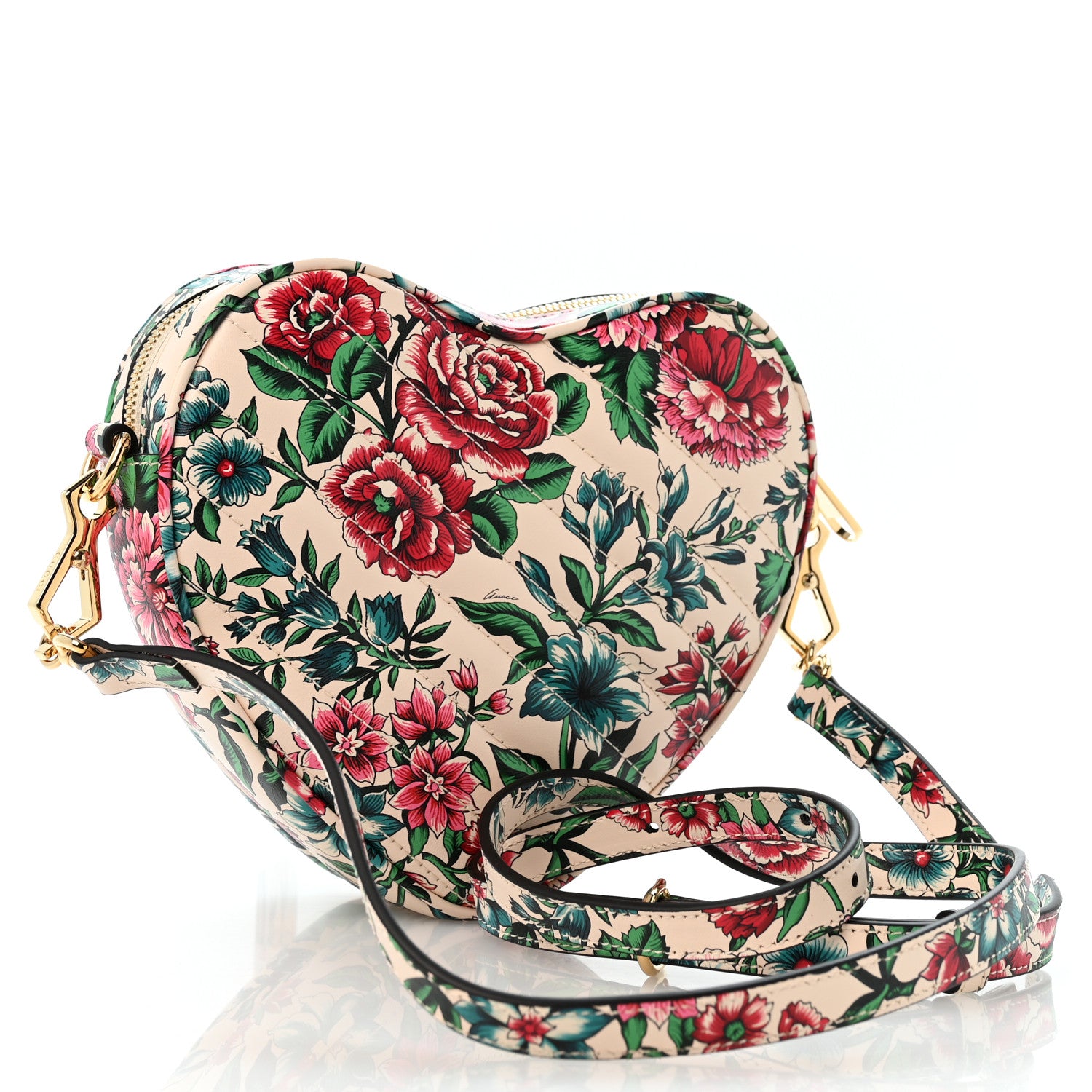 Gucci Calfskin Matelasse Diagonal Brit Roses Print Mini Interlocking G Heart Shoulder Bag  White Multicolor 3 of 11