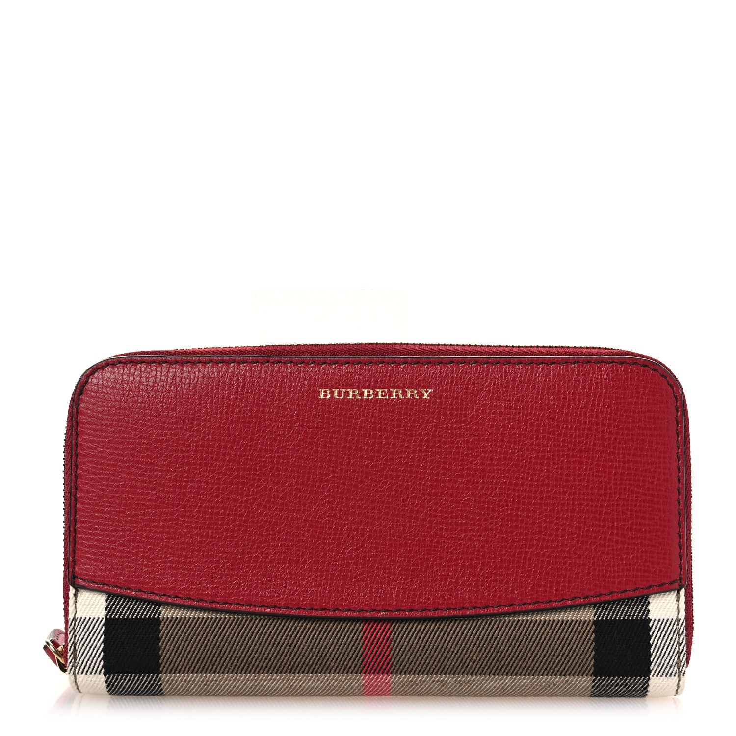 Burberry Grainy Calfskin House Check Elmore Zip Around Wallet Russet Red 1 of 7