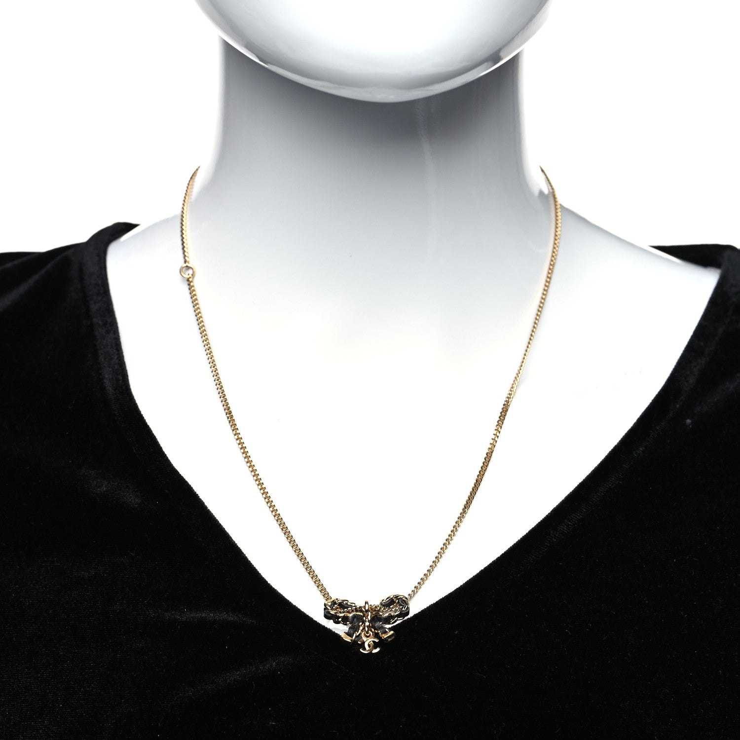 Chanel Metal Lambskin Chain CC Bow Necklace Black Gold 2 of 5