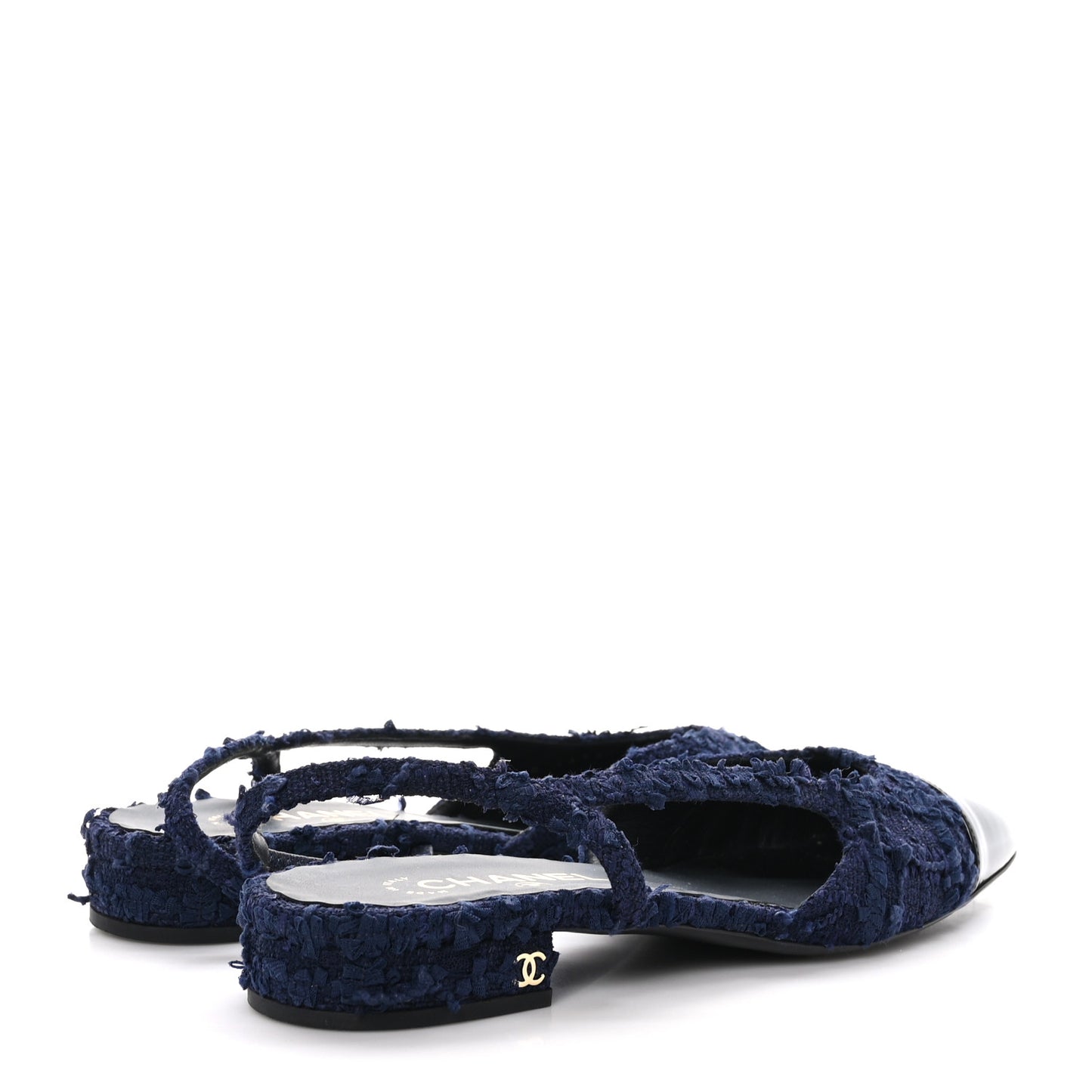 Tweed Patent Calfskin Cap Toe CC Slingback Flats 41 Navy Black