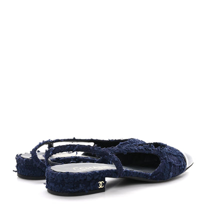 Chanel Tweed Patent Calfskin Cap Toe CC Slingback Flats 41 Navy Black 4 of 9