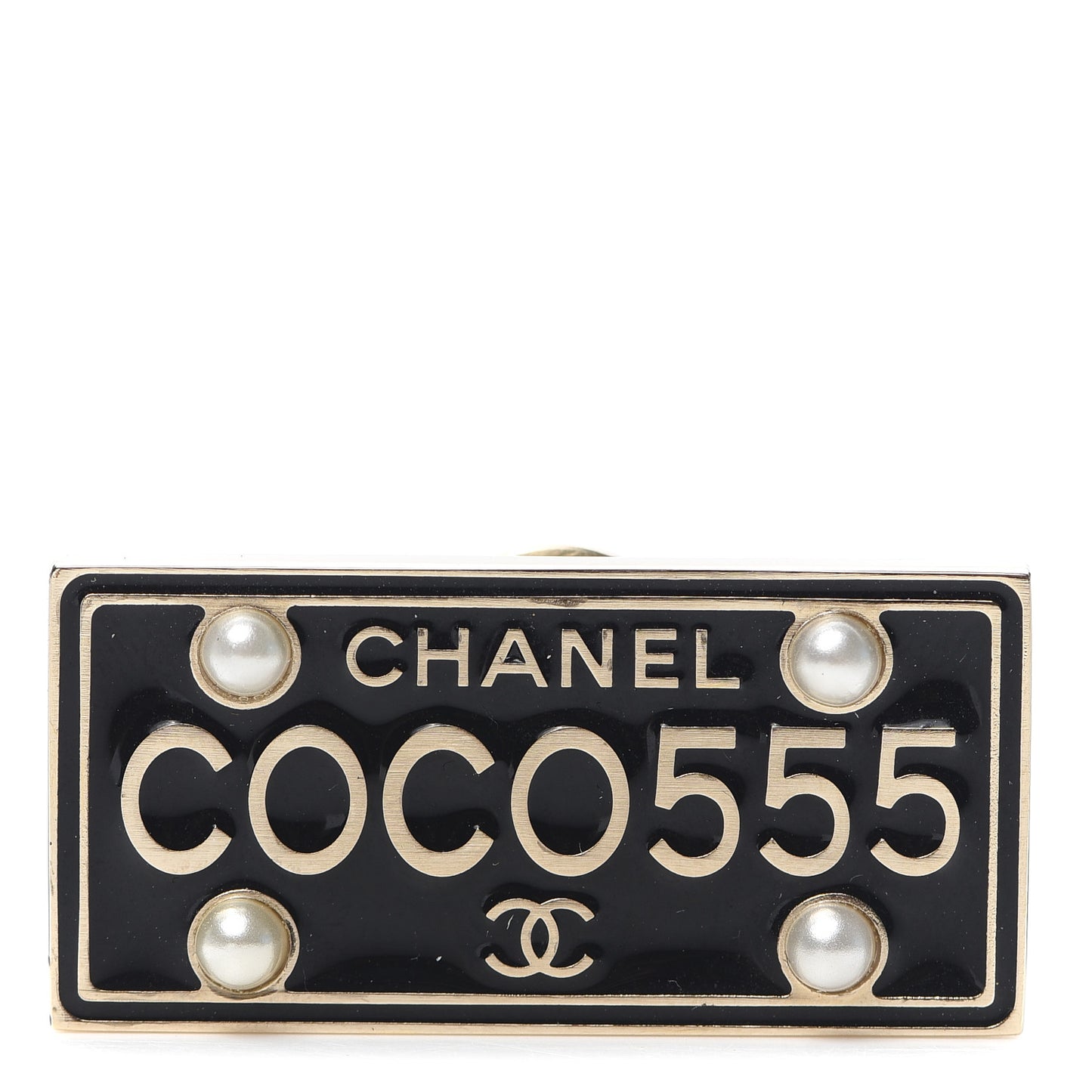 Metal Resin Pearl Coco License Plate Brooch Black Gold