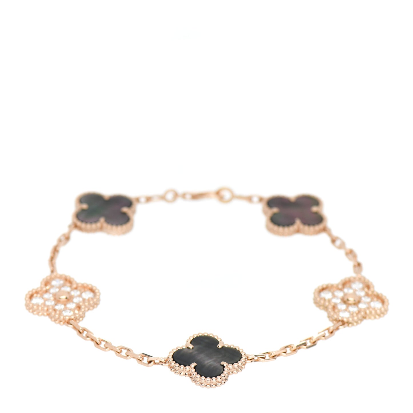 18K Rose Gold Diamond Gray Mother of Pearl 5 Motifs Vintage Alhambra Bracelet