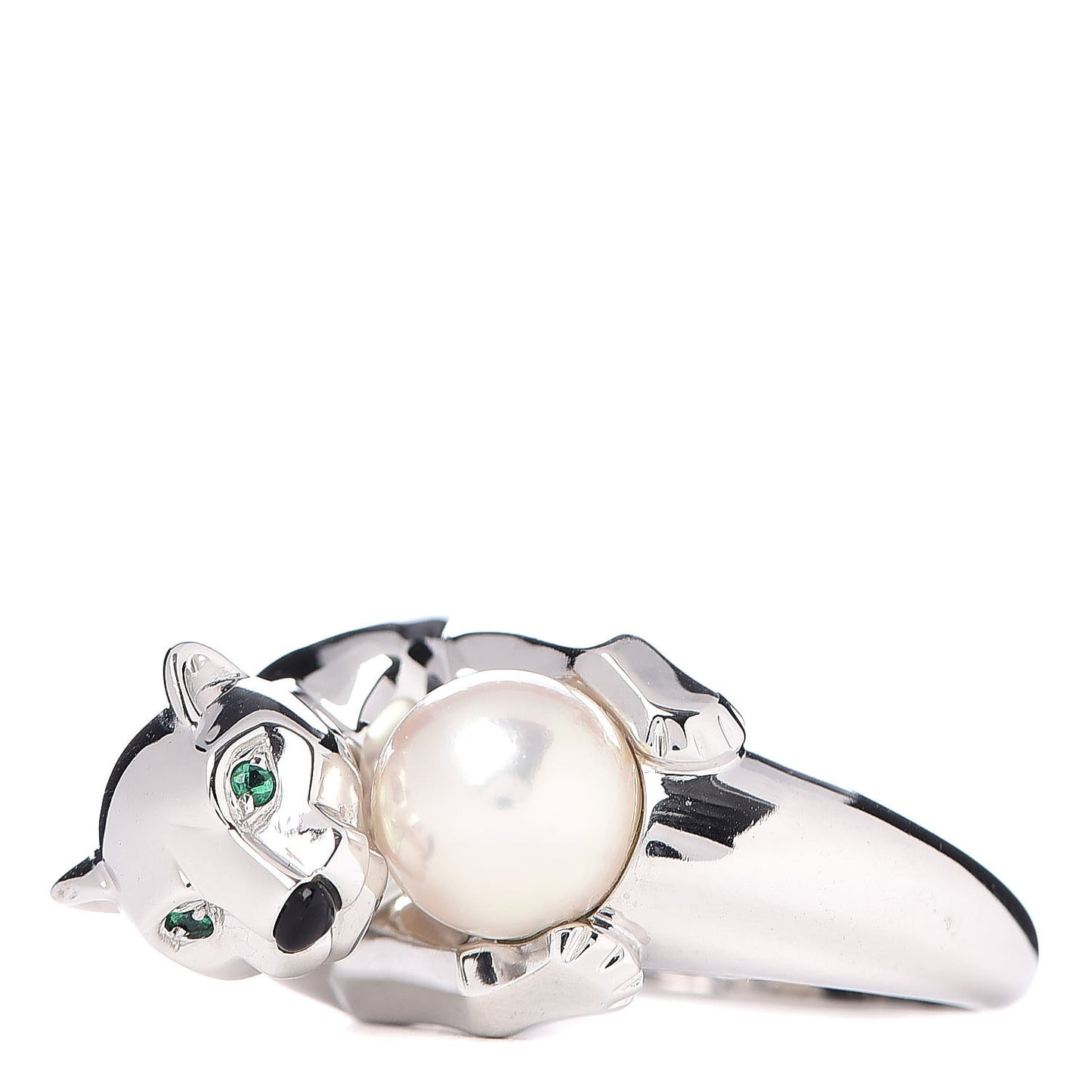 18K White Gold Pearl Black Onyx Emerald Panthere De Ring 52 6
