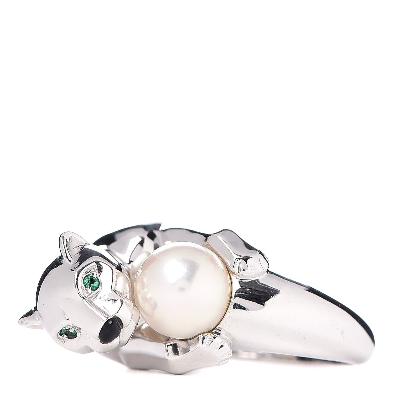 Cartier 18K White Gold Pearl Black Onyx Emerald Panthere De Ring 52 6 4 of 5