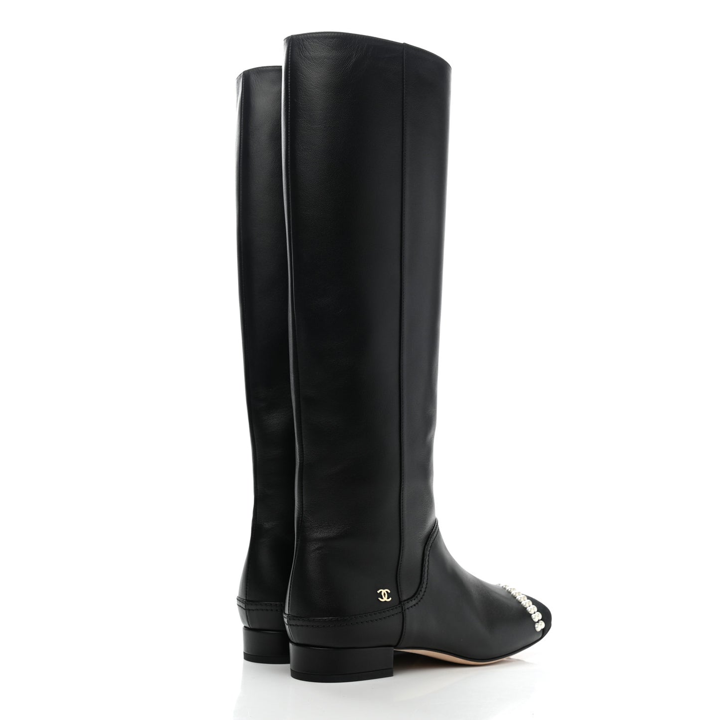 Calfskin Grosgrain Pearl Cap Toe High Boots 37.5 Black
