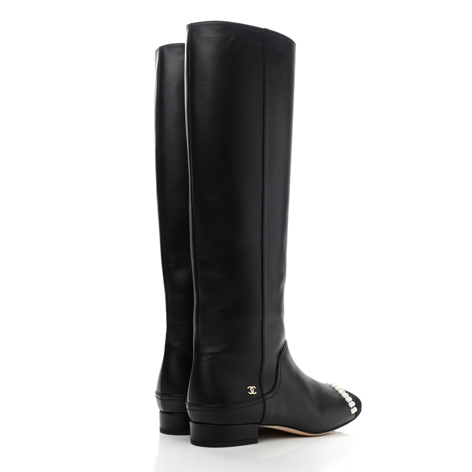 Chanel Calfskin Grosgrain Pearl Cap Toe High Boots 37.5 Black 4 of 8