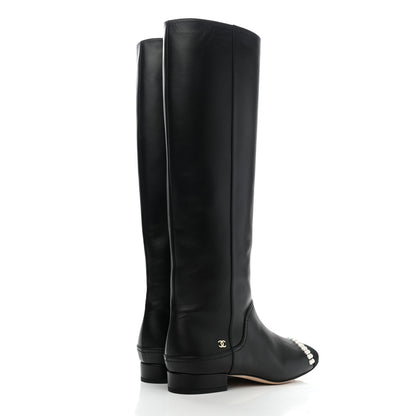 Chanel Calfskin Grosgrain Pearl Cap Toe High Boots 37.5 Black 4 of 8