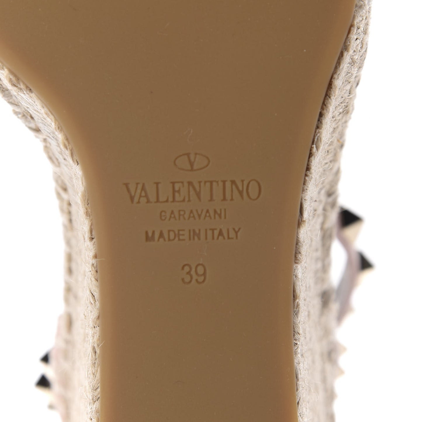 Grained Calfskin Rockstud Ankle Strap Espadrille 15/105mm Wedge Sandals 39 Rose Quartz Natural