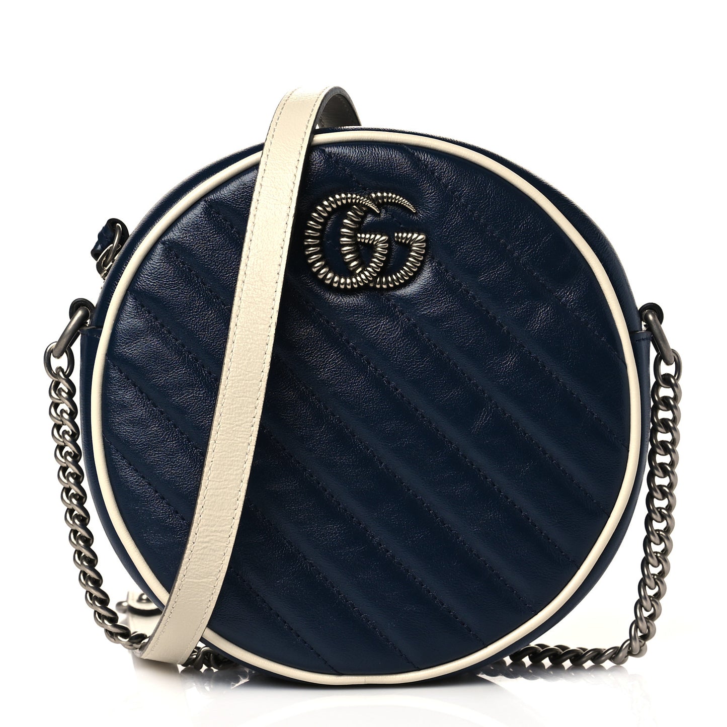 Azalea Calfskin Matelasse Diagonal Mini Torchon GG Marmont Round Shoulder Bag Blue Agata Mystic White