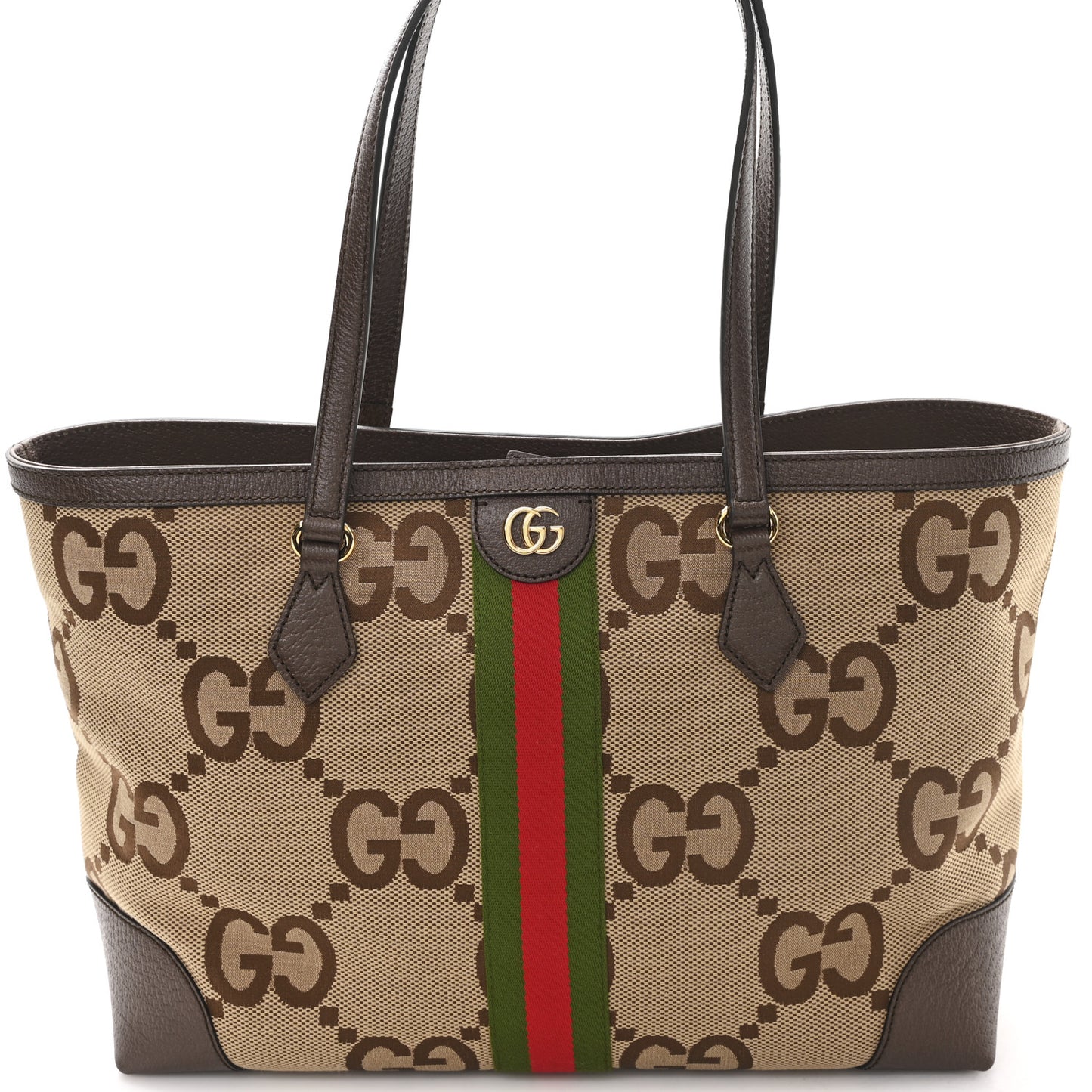 Monogram Jumbo GG Textured Dollar Calfskin Web Medium Ophidia Shopping Tote Camel Ebony