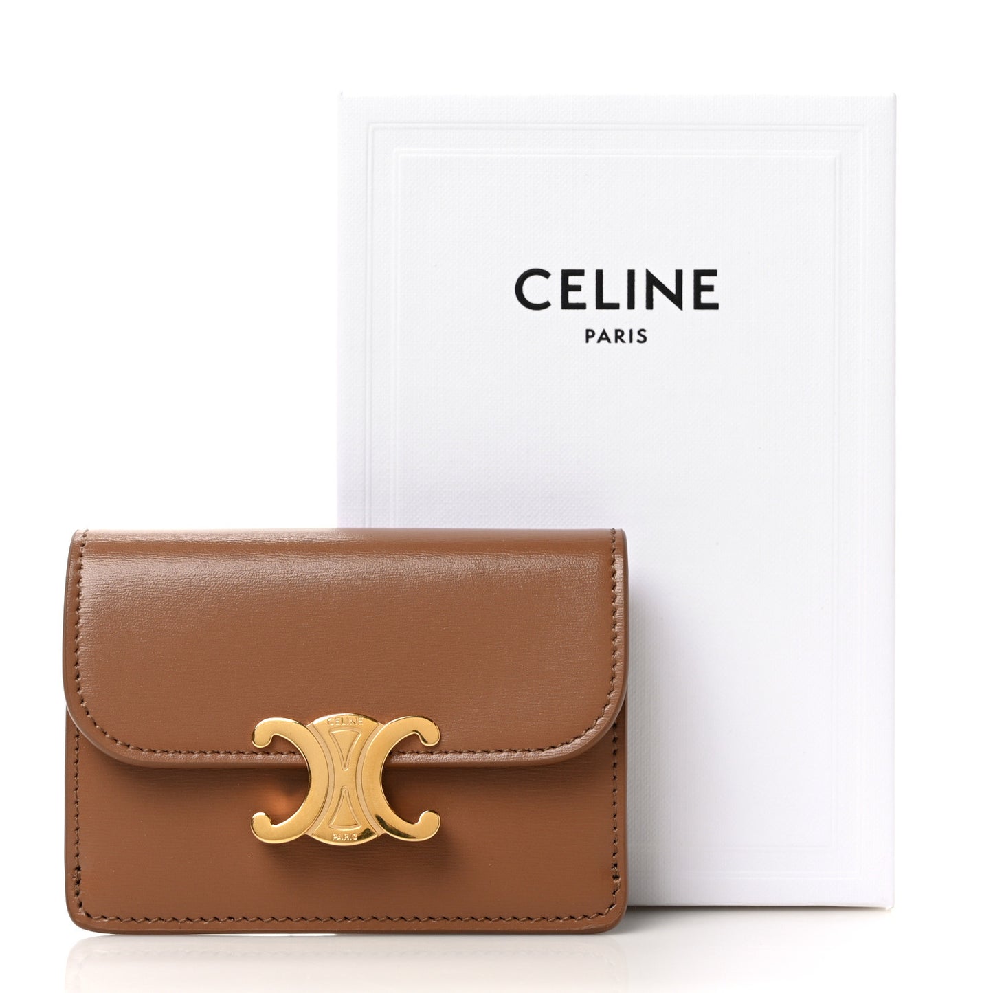 Shiny Calfskin Triomphe Flap Card Holder Bronze