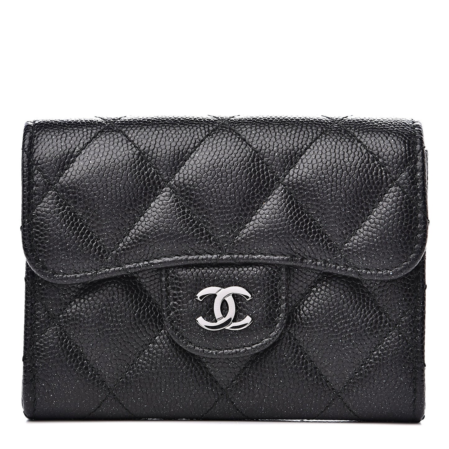 Iridescent Caviar Quilted Flap Card Holder Wallet Black