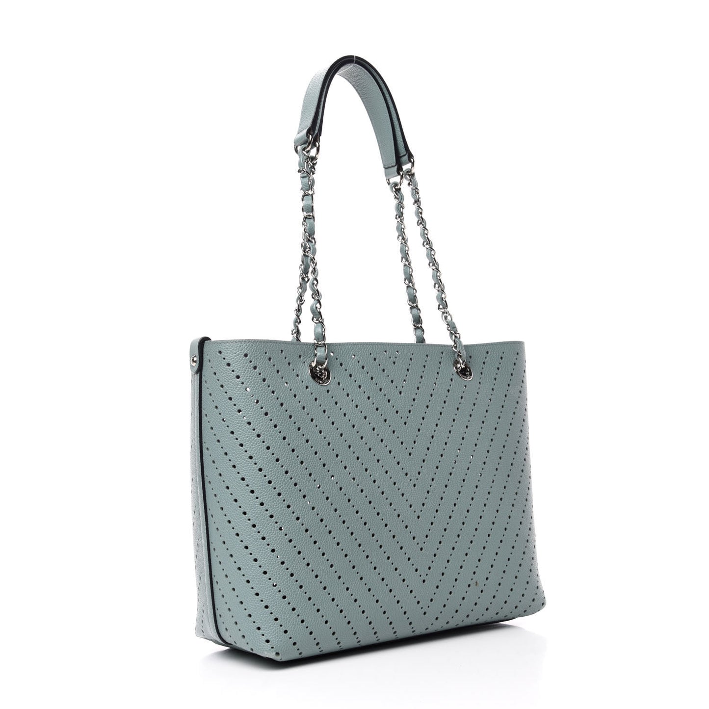 Perforated Grained Calfskin Large Shopping Tote Green