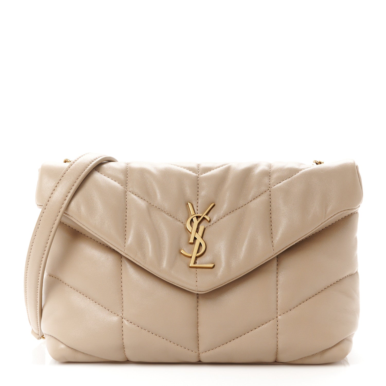 Saint Laurent Lambskin Quilted Toy Loulou Puffer Monogram Chain Satchel Dark Beige 1 of 11