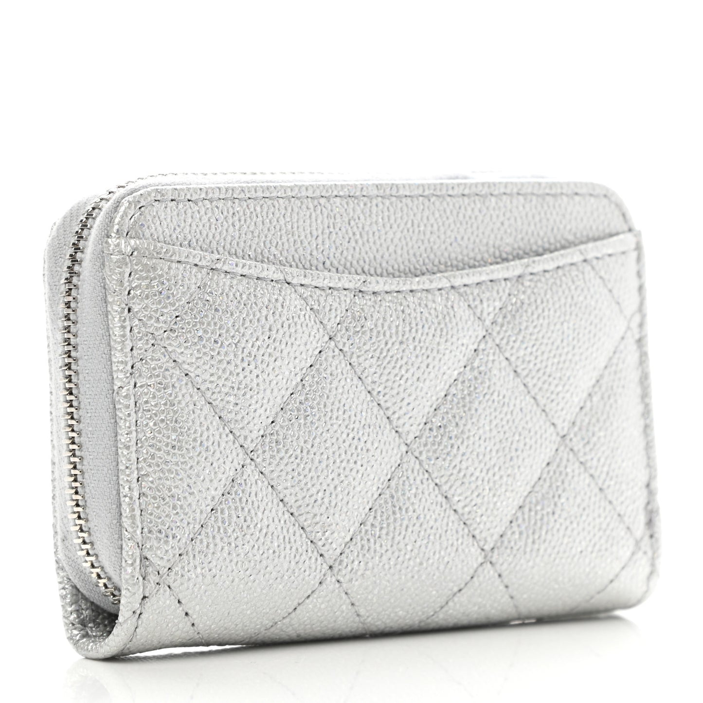 Glittered Metallic Caviar Quilted Zip Coin Purse Wallet Silver