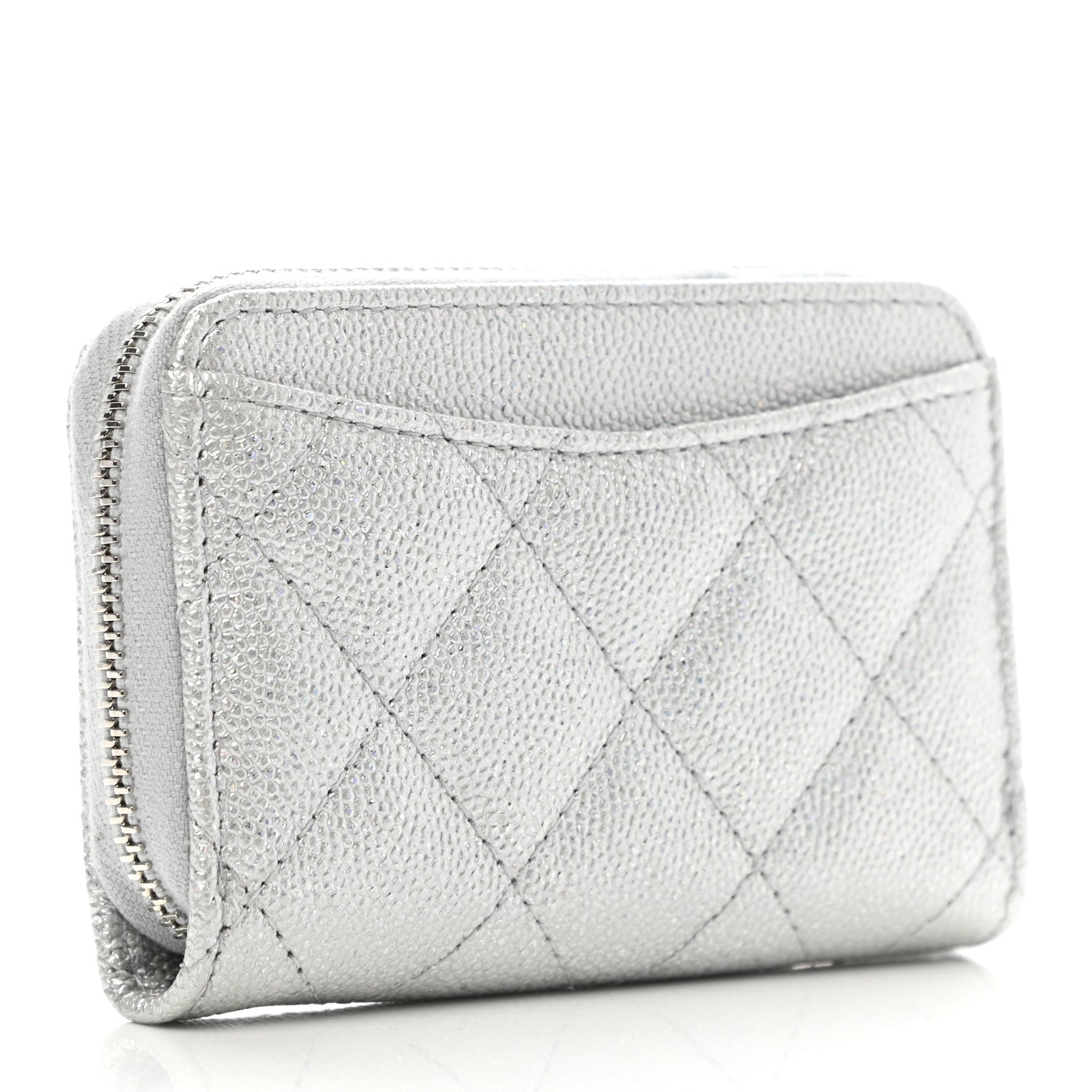 Chanel Glittered Metallic Caviar Quilted Zip Coin Purse Wallet Silver 3 of 7