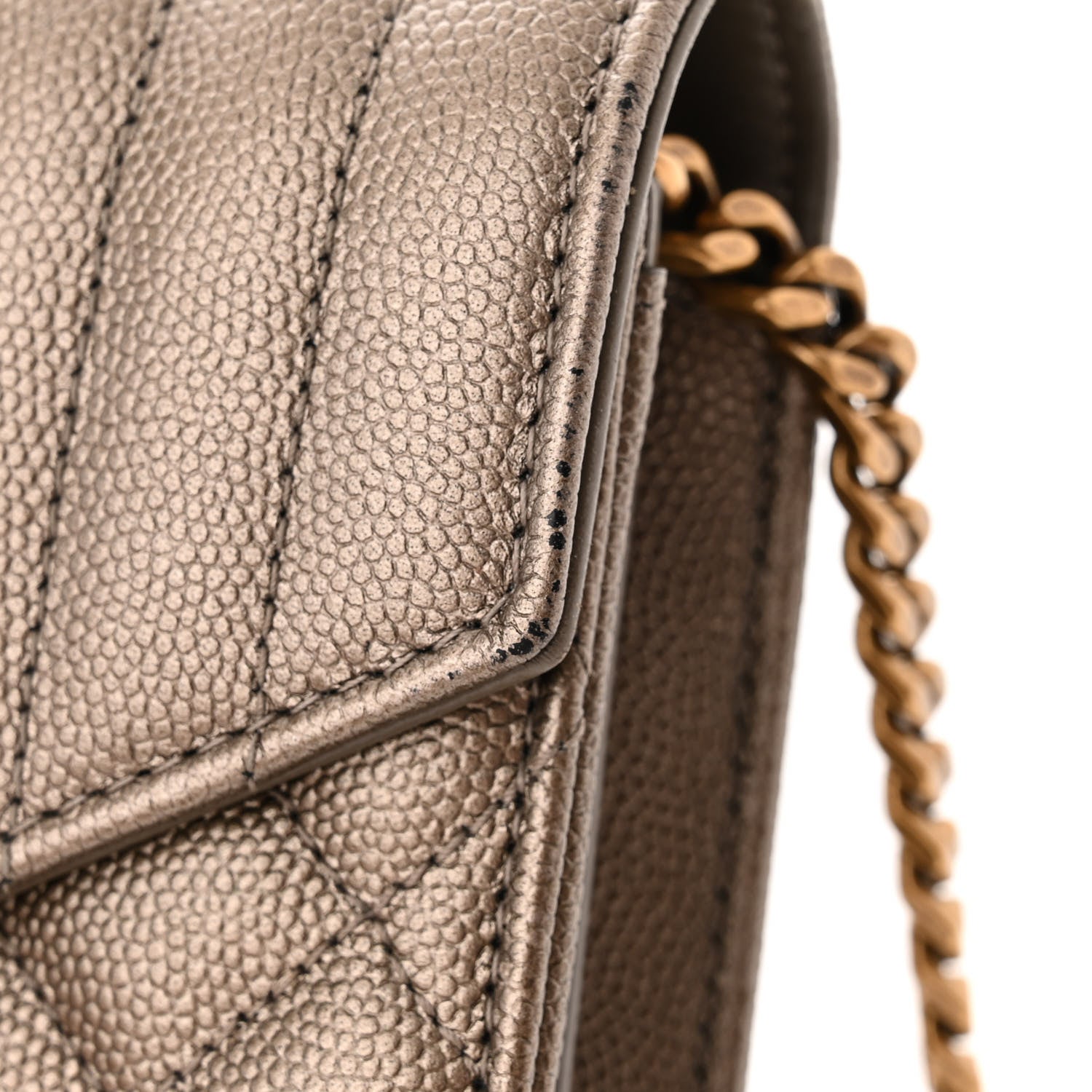 Saint Laurent Metallic Grain De Poudre Mixed Matelasse Triquilt Monogram Chain Wallet Piombo 12 of 14