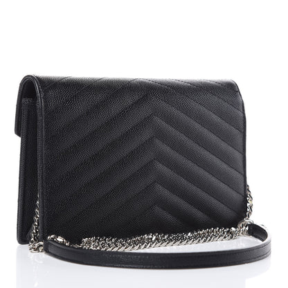 Saint Laurent Grain De Poudre Matelasse Chevron Monogram Envelope Chain Wallet Black 3 of 16