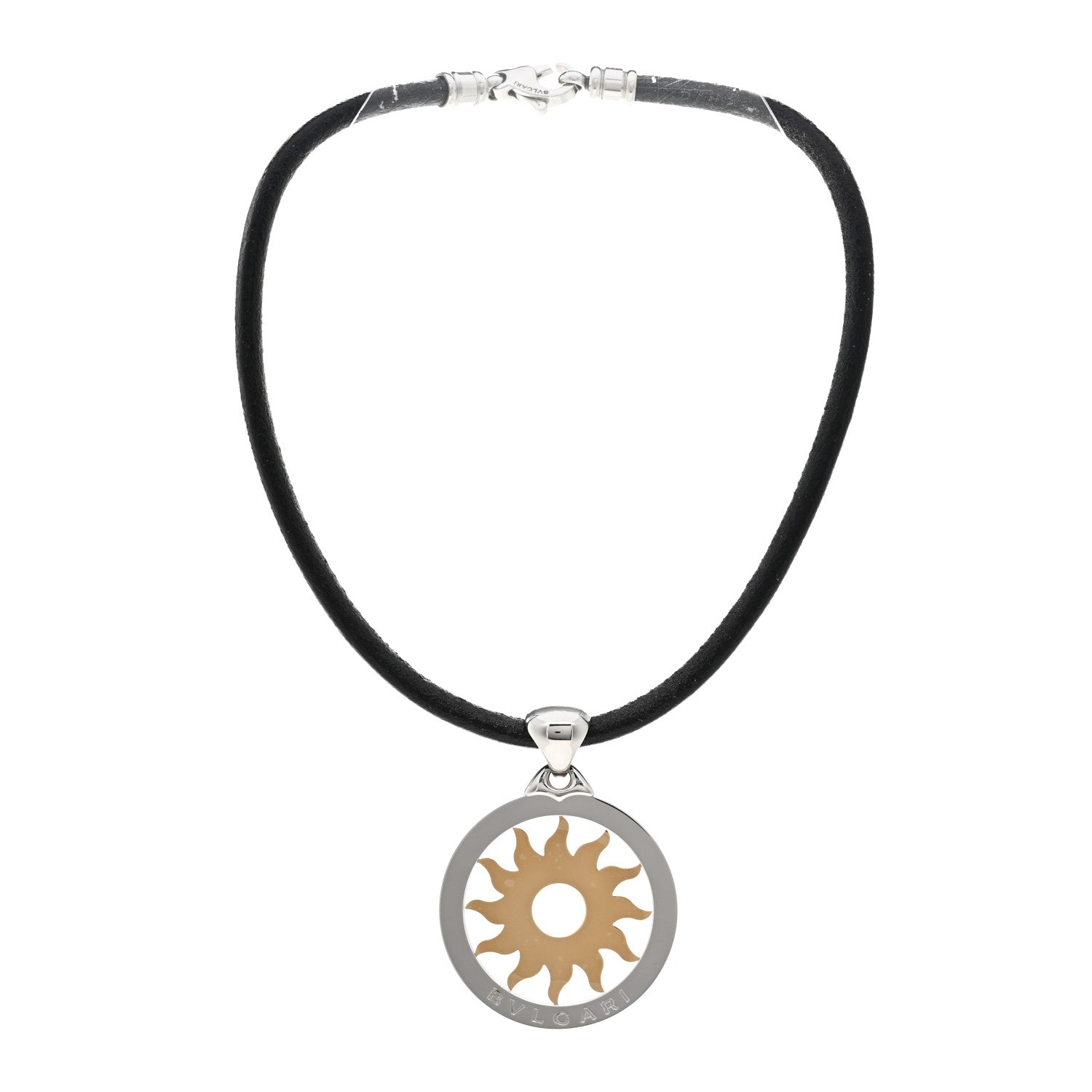 Bulgari 18K Yellow Gold Stainless Steel Calfskin Tondo Sun Pendant Necklace Black 3 of 4