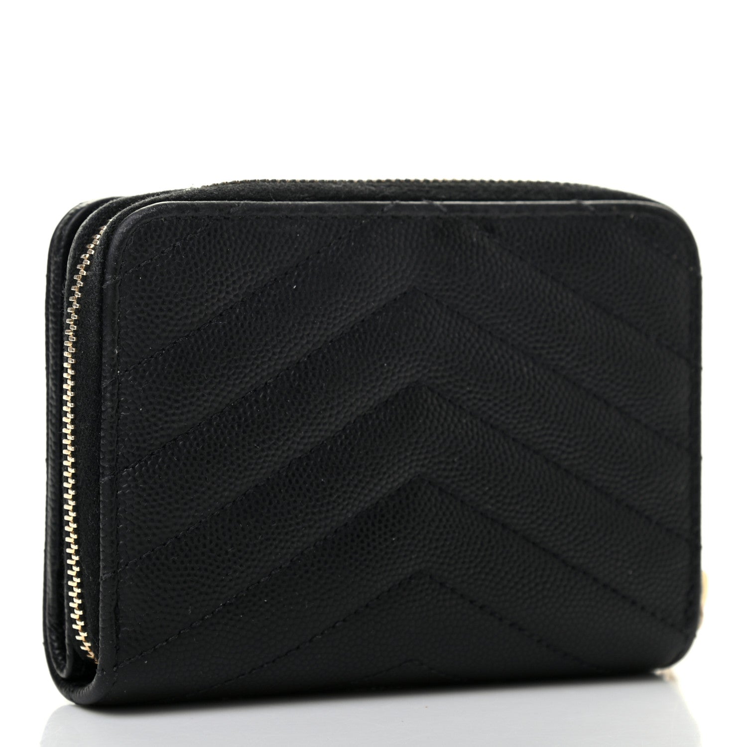 Saint Laurent Grain De Poudre Matelasse Chevron Monogram Compact Zip Around Wallet Black 2 of 6