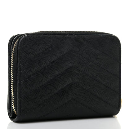 Saint Laurent Grain De Poudre Matelasse Chevron Monogram Compact Zip Around Wallet Black 2 of 6