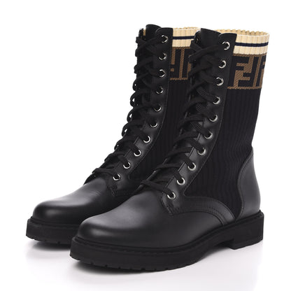 Fendi Calfskin Stretch Fabric Rockoko Biker Boots 37 Tobacco Black Marino 3 of 7