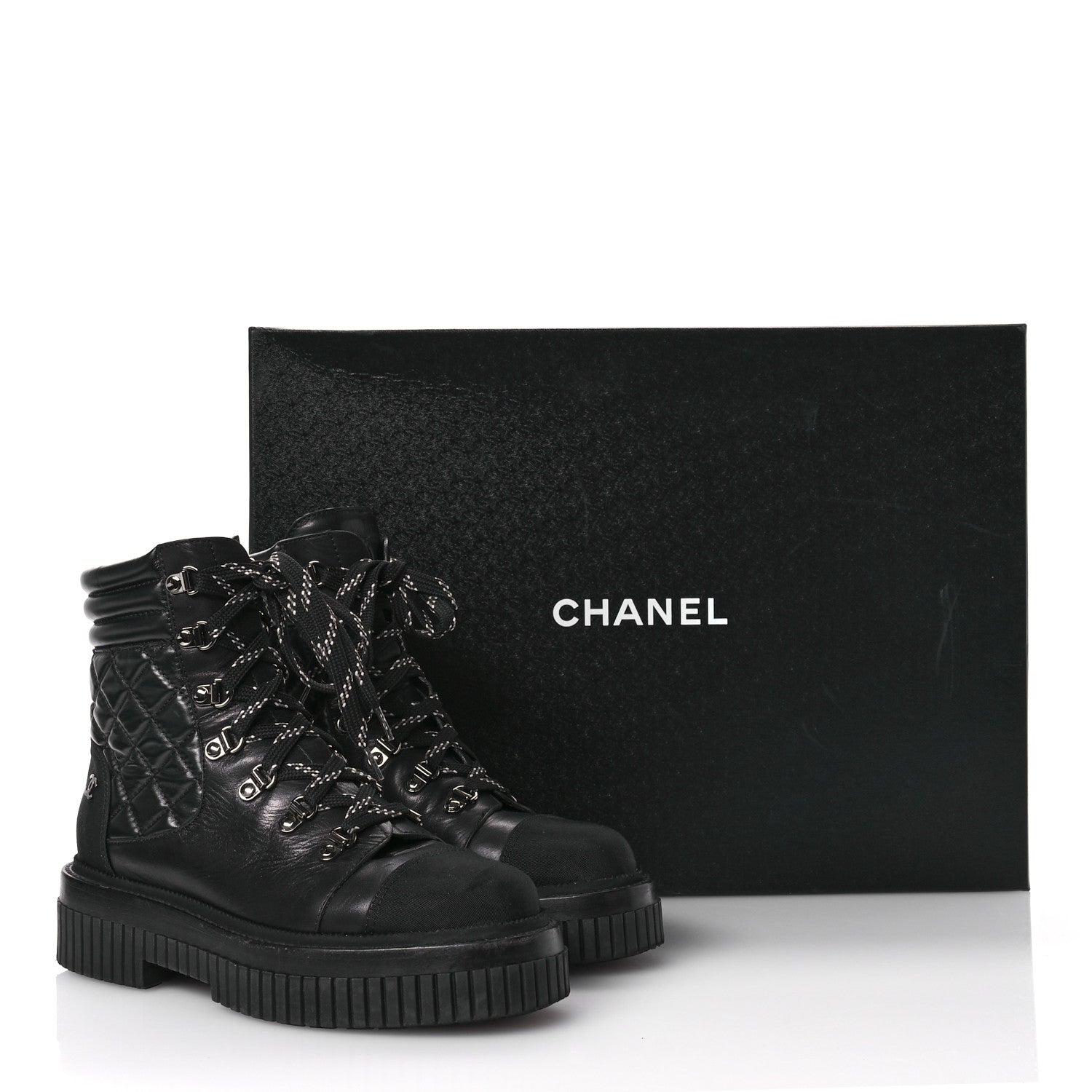 Chanel Calfskin Grosgrain Quilted Lace Up Boots 38 Black Grey 9 of 9