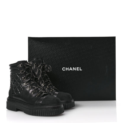 Chanel Calfskin Grosgrain Quilted Lace Up Boots 38 Black Grey 9 of 9