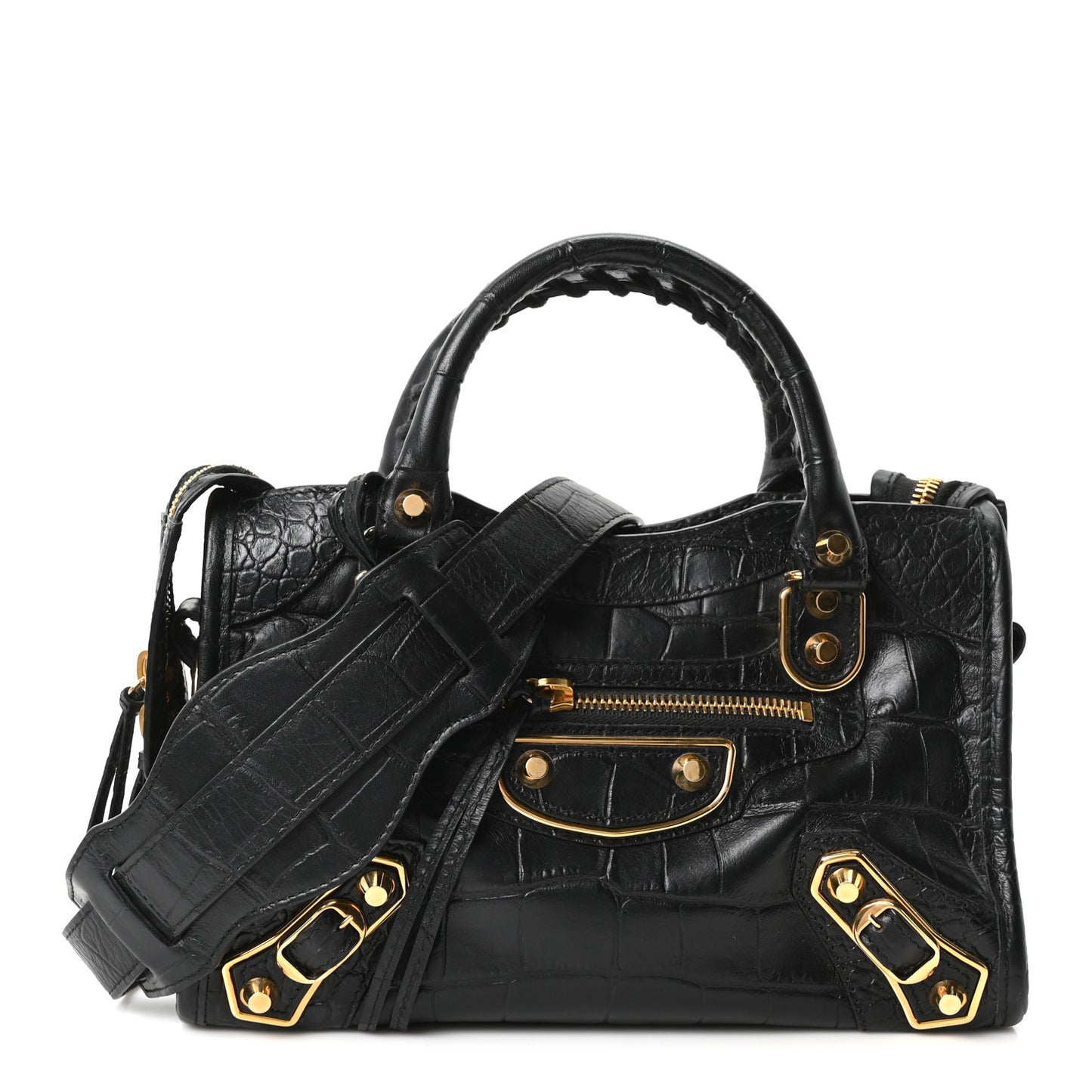 Calfskin Crocodile Embossed Gold Metallic Edge Hardware Mini City Black
