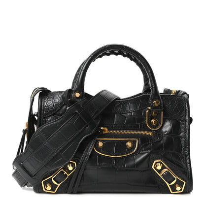 Balenciaga Calfskin Crocodile Embossed Gold Metallic Edge Hardware Mini City Black 1 of 10