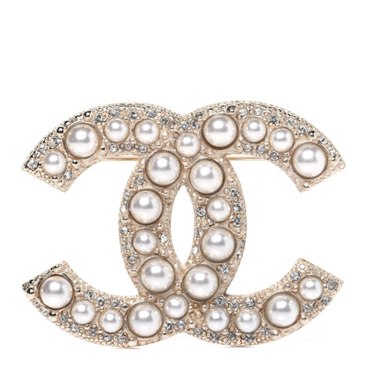 Chanel Pearl Crystal CC Brooch Gold 1 of 7