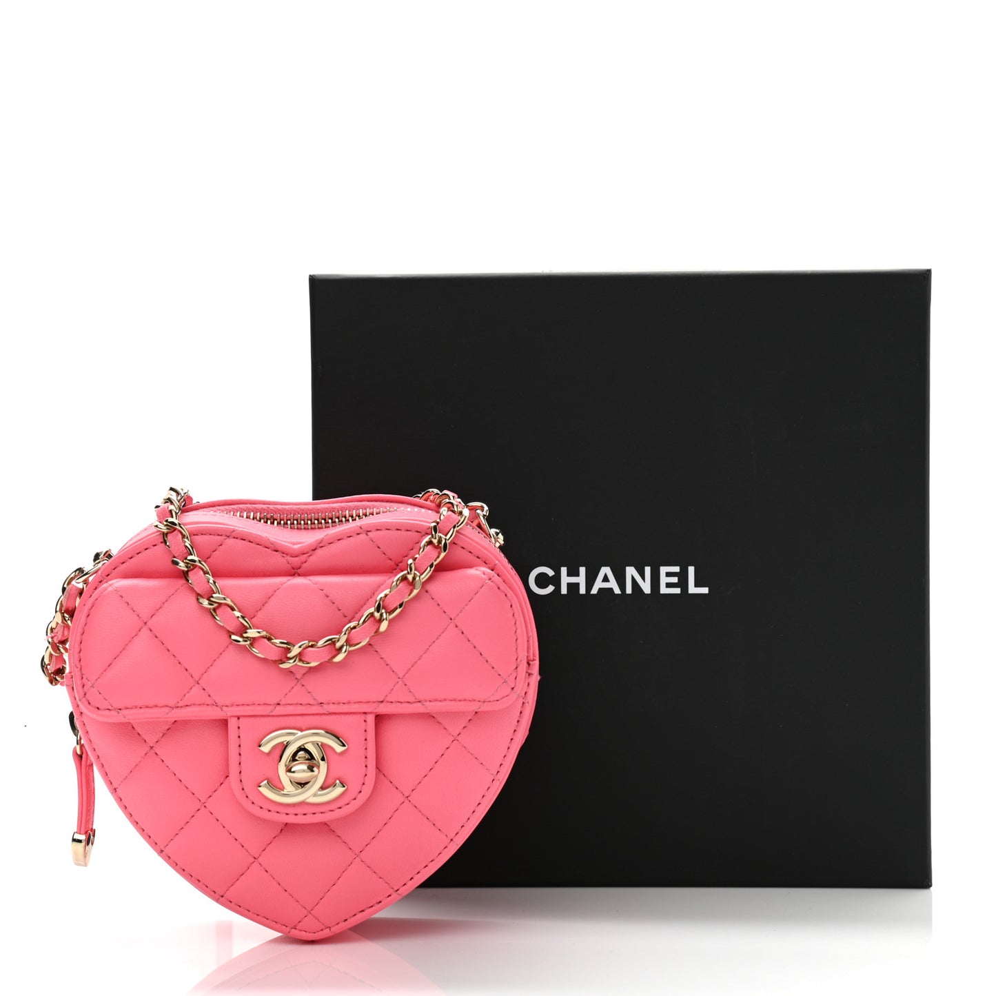 Lambskin Quilted CC In Love Heart Clutch With Chain Pink
