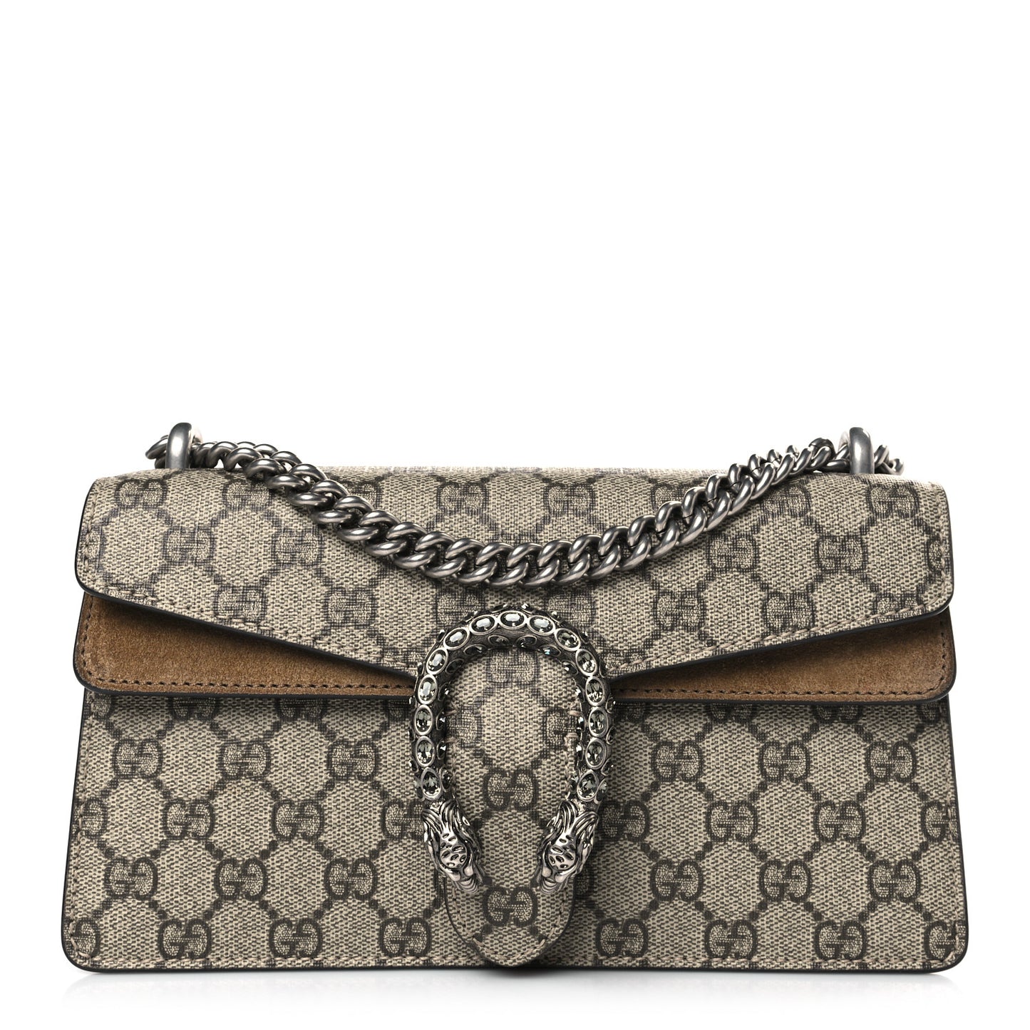GG Supreme Monogram Suede Crystal Small Dionysus Shoulder Bag Beige Ebony Taupe