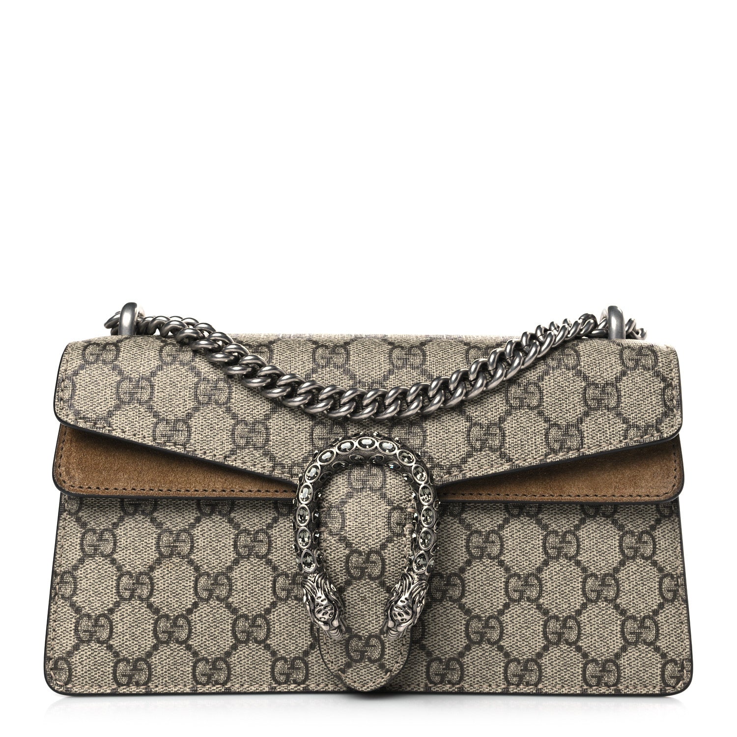 Gucci GG Supreme Monogram Suede Crystal Small Dionysus Shoulder Bag Beige Ebony Taupe 1 of 9