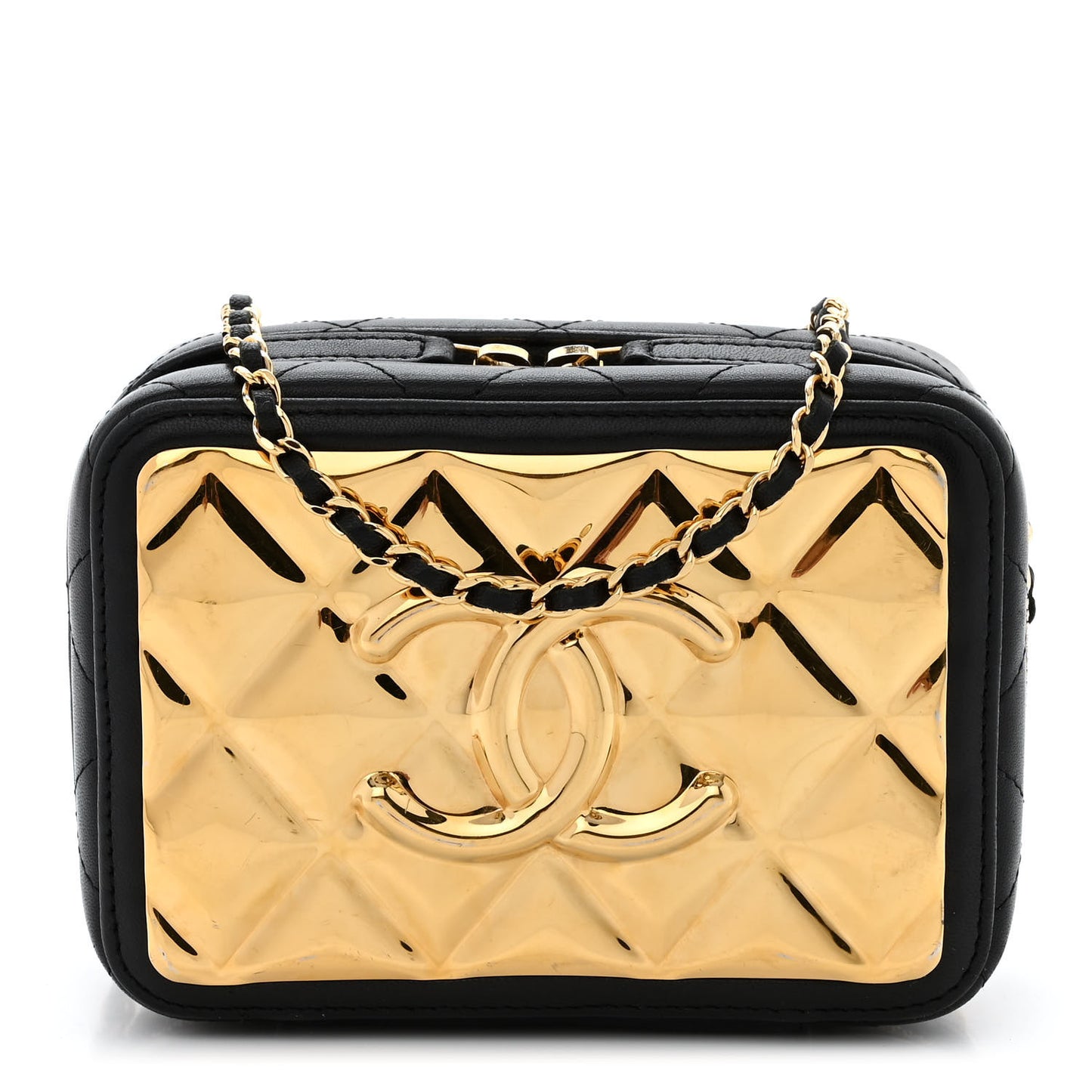 Lambskin Quilted Golden Plate Clutch With Chain Black