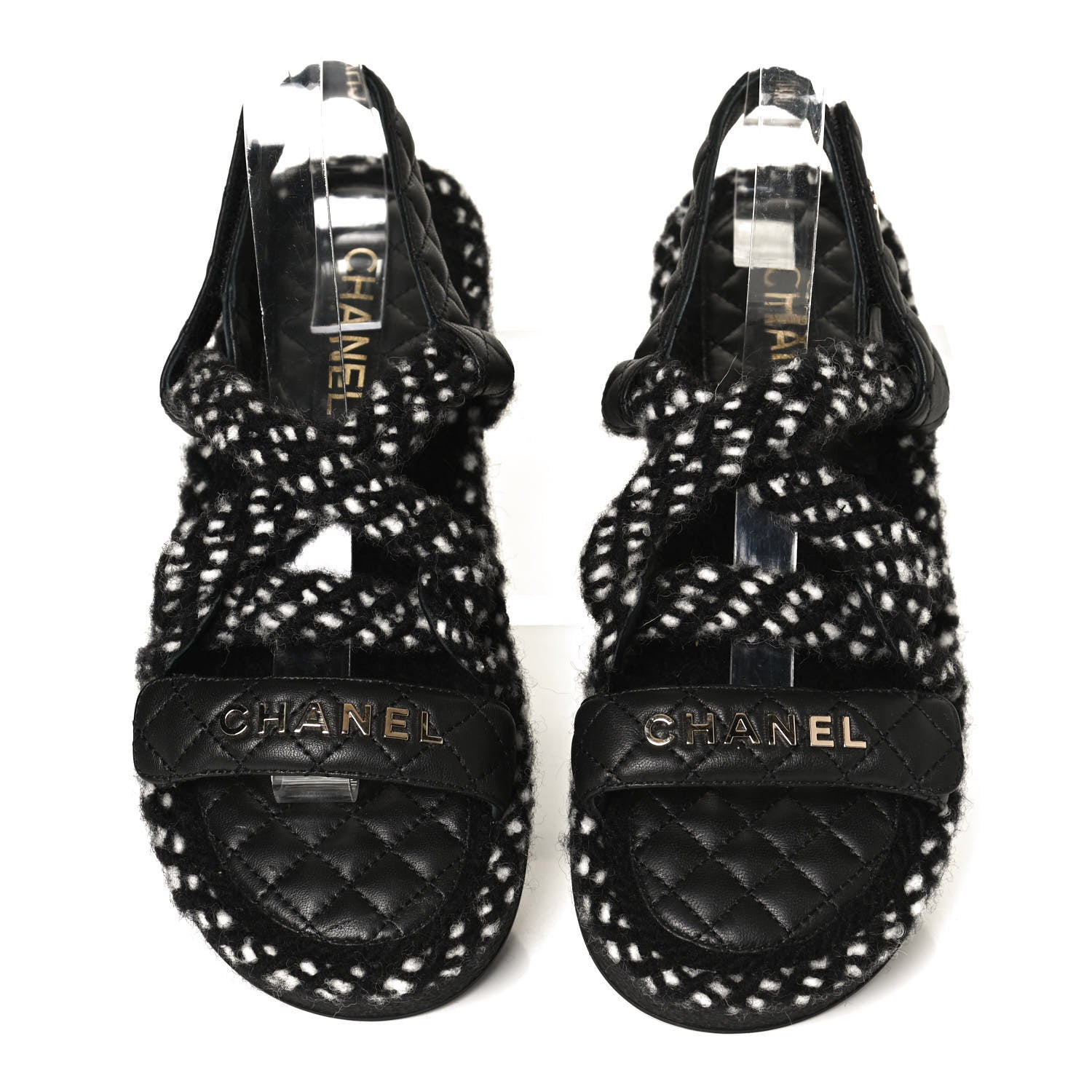 Chanel Cord Lambskin Quilted Logo Sandals 39 Black White 5 of 9
